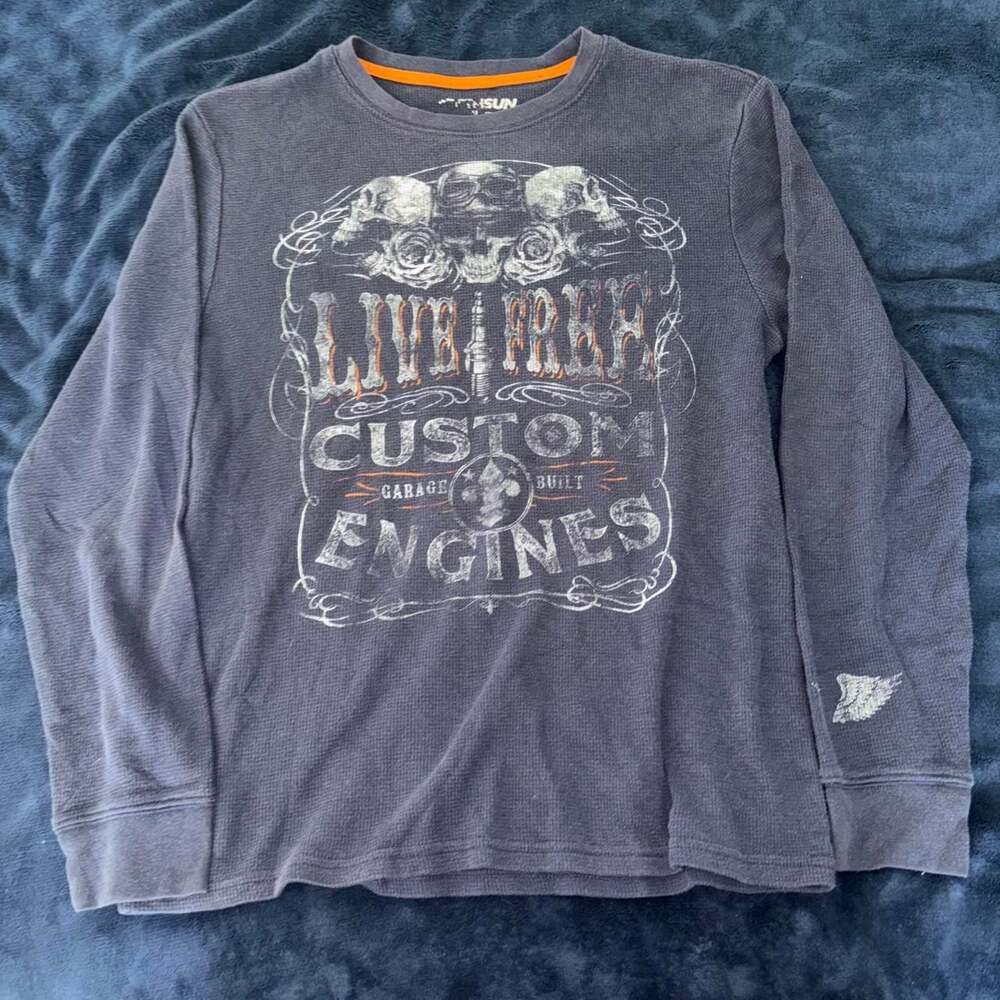 THSUN Live Free Custom Engines Skull Thermal Long Sleeve Shirt M